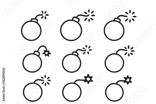 Seamless pattern of cartoon bomb icons with lit fuses and sparks in black outline