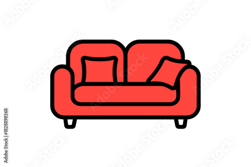 Simple red two-seater sofa with black outline and throw pillows for home furnishing