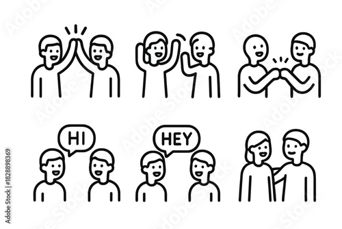 Simple line icons showing people greeting, communicating, and expressing friendship and teamwork