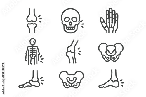 Human skeletal system icons showing bone structure, joints, and pain symptoms