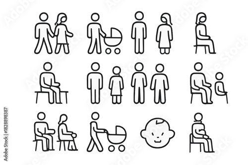Simple outline icons of people, family groups, couples, and social situations