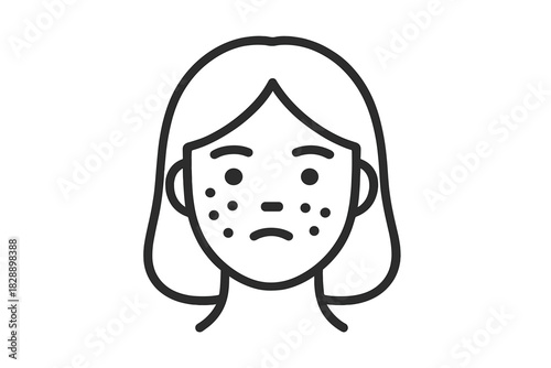 Simple outline of a sad woman's face showing acne, pimples, and skin blemishes