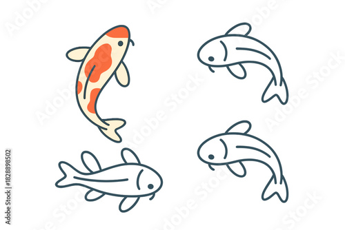 Minimalist set of four stylized koi fish icons, one colorful and three simple outlines