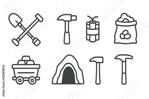 Essential mining industry tools and equipment set: shovel, dynamite, hammer, and mine cart