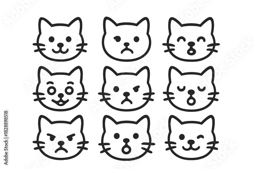 Nine cute cartoon cat heads showing various moods and emotional expressions