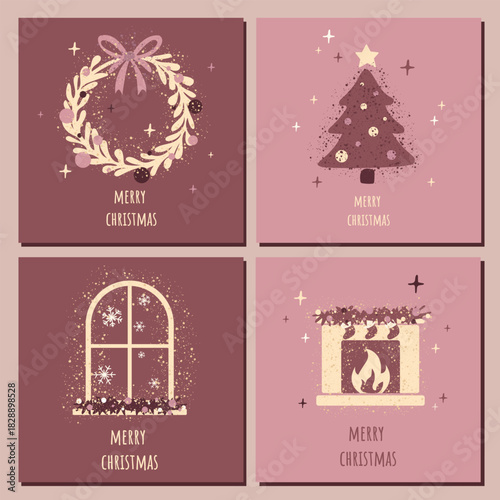 christmas set of four cards in minimalistic flat style in pink colors. graphic art of group xmas cards with greetings