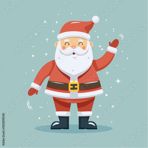 Santa Claus cartoon character. Vector illustration of Santa. Christmas icon. Red suit. White beard. Winter holiday symbol. Festive character. Snowflakes. Green background.