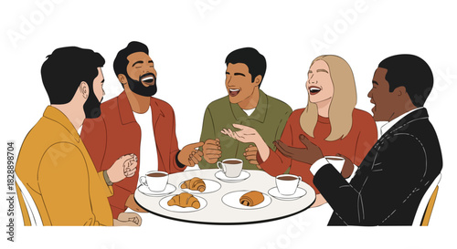 A diverse group of friends laugh and enjoy coffee and pastries together around a small table, fostering a sense of camaraderie and shared experience in a warm, inviting setting.
