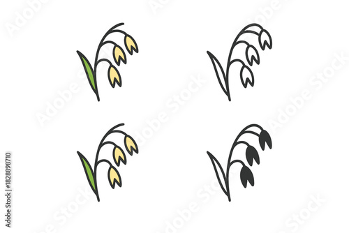 Set of minimalist line art and solid icons depicting a sprig of cereal grain