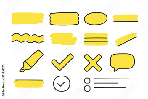Yellow highlighter strokes, marker pen, checkmarks, and speech bubble shapes for emphasis