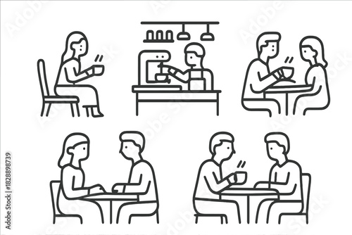 Simple line art collection showing customers and staff interacting in a cafe