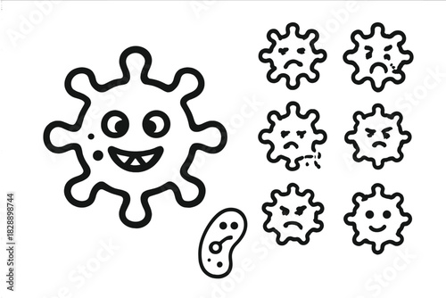 Cartoon microbe characters showing various emotions like happiness, sadness, and anger