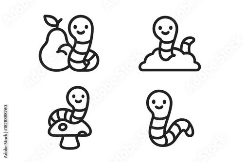 Cute cartoon worm characters interacting with a pear, mushroom, and dirt