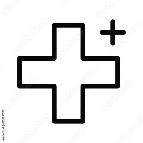 Simple black outline plus sign icon with small plus symbol isolated on