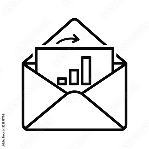 Email marketing report icon with bar chart and arrow isolated on