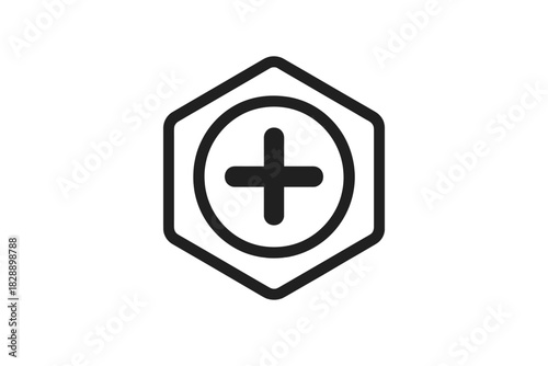 Minimalist geometric plus symbol centered in a circular shape framed by a hexagon outline