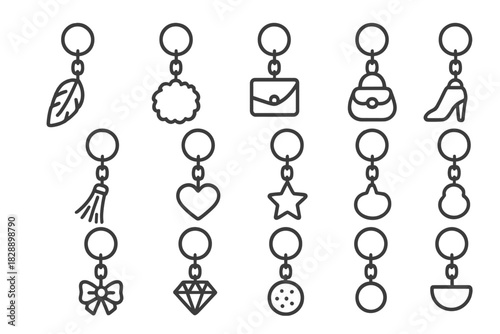 Collection of outline symbols showing decorative keychains and fashion accessories
