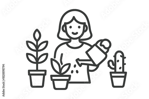 Smiling woman tending to indoor potted plants using a small watering can