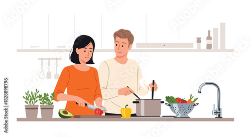 A couple prepares a healthy meal together in a modern, bright kitchen, with fresh vegetables and cooking utensils, promoting a lifestyle of wellness and domestic harmony.