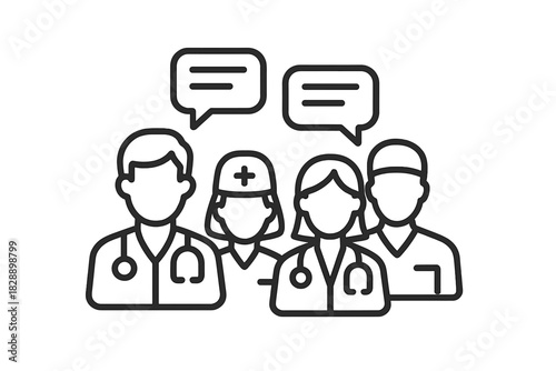 Group of diverse medical professionals discussing patient care with speech bubbles