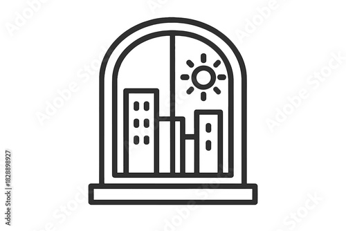 Arched window view of a sunny city skyline with tall buildings and bright sunlight