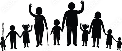 Multigenerational family silhouette, elderly with cane, children waving, diverse ages, group unity, black vector, social concept, healthcare, parenting, bonding