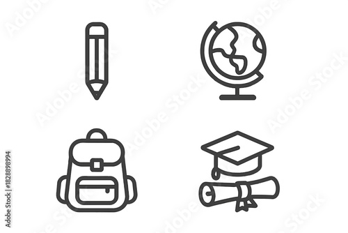 Pencil, world globe, backpack, and diploma scroll representing essential school and learning
