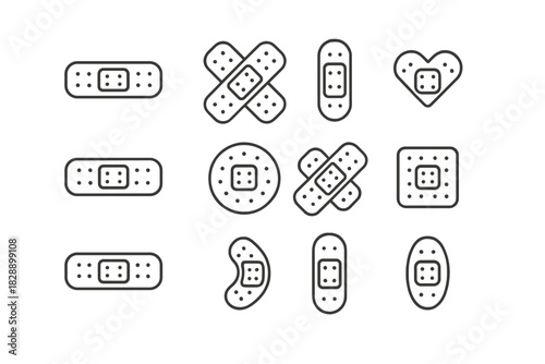 Collection of outline adhesive bandages representing medical treatment and first aid concepts