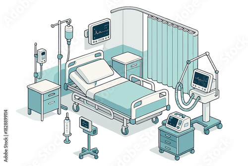 Isometric hospital bed in intensive care unit with ventilator and medical equipment