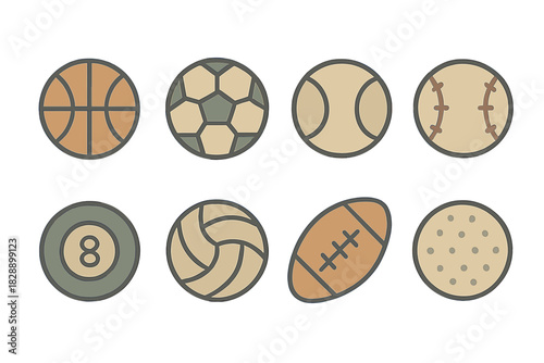 Eight different sports equipment balls for team games and individual activities