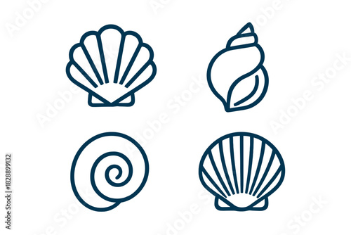 Simple outline collection featuring various marine seashells, spiral mollusk shells, and scallop designs