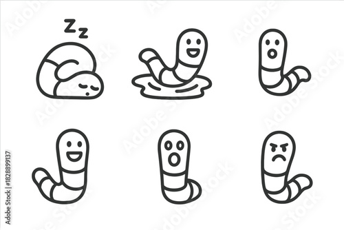 Cute cartoon worm character icon set showing different emotions and actions