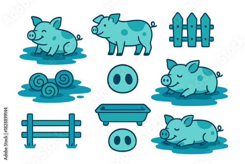 Collection of cute spotted pigs in various poses along with farm fences and feeding trough elements