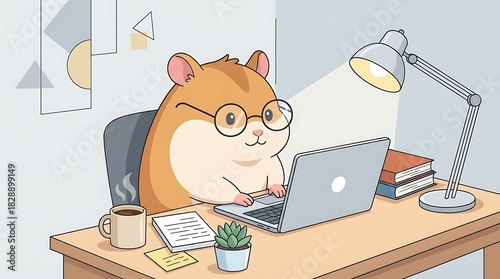 Cute Hamster Working on Laptop at Desk with Lamp, Books, and Coffee