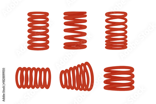 Collection of red compression springs shown in different states and perspectives