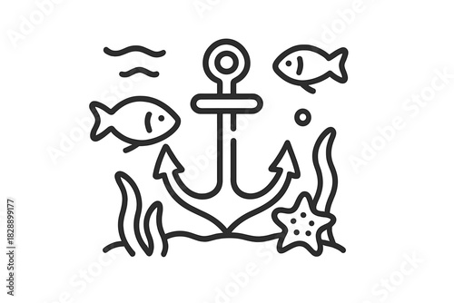 Nautical ship anchor submerged underwater with swimming fish and a starfish