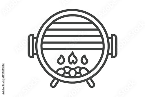 Portable round charcoal barbecue grill with hot coals and rising flames