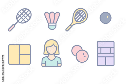 Minimalist set of sports and recreation symbols: tennis, badminton, bowling, and user avatar