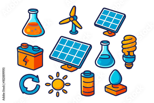 Colorful set of renewable energy and sustainability icons with solar panels and wind turbine