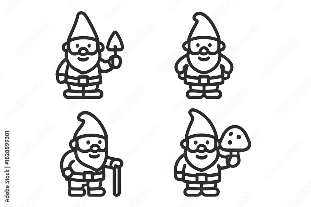 Fototapeta premium Four cute garden gnome characters in outline style holding various objects
