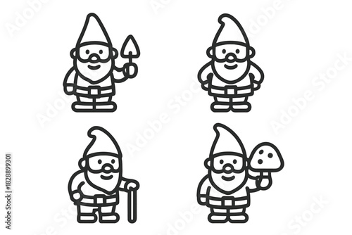 Four cute garden gnome characters in outline style holding various objects