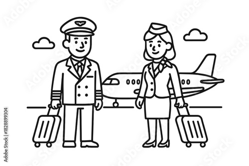 Professional airline pilot and flight attendant standing with luggage near commercial aircraft
