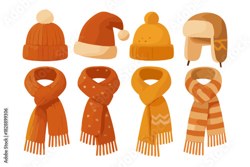 Cozy winter accessories collection featuring knitted hats and warm scarves in orange and yellow
