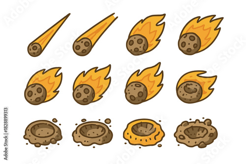 Sequence of falling space rock and resulting ground impact craters