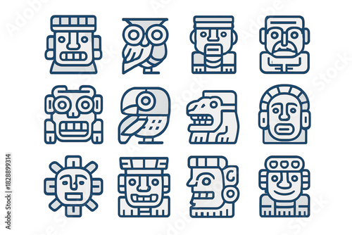 Stylized set of ancient Mesoamerican civilization icons and tribal symbols in line art style