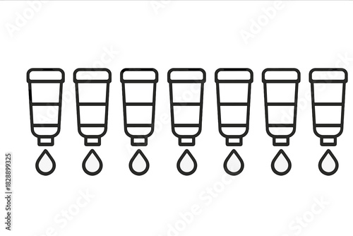 Minimalist black and white icons showing a row of cosmetic or paint tubes dispensing liquid