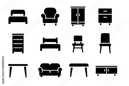 Twelve black glyph icons of common household furniture items including beds, chairs, tables, and cabinets