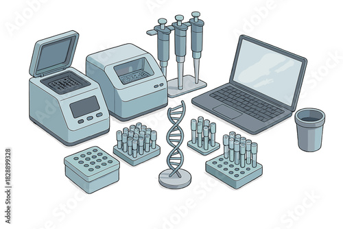 Molecular biology laboratory setup with thermal cyclers, pipettes, and DNA structure model