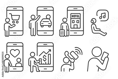 Linear outline icons for mobile apps covering e-commerce travel and finance services