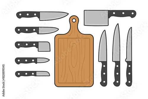 Assortment of sharp kitchen knives and a rectangular wooden cutting board for culinary use